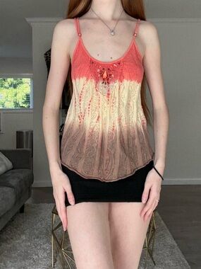 Free People Coral-to-Cream Ombre Lace-Trim Tank